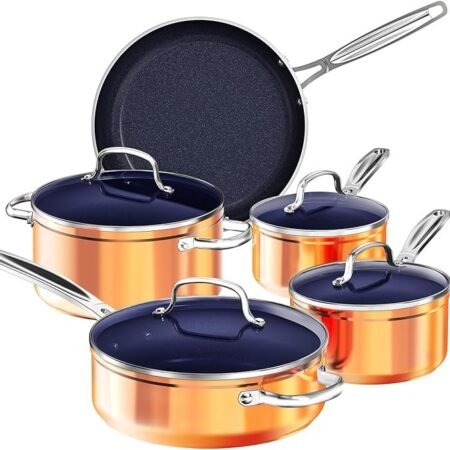 Nuwave Conjunto de 9 peças de panelas saudáveis Duralon azul revestimento antiaderente, resistente a arranhões com infusão de diamante, livre de PFAS, seguro para forno, pronto para indução