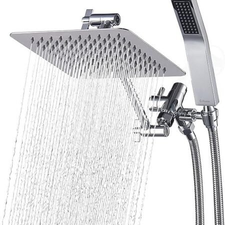 G-Promise Chuveiro quadrado duplo de 20 cm de metal com combo de spray portátil, cabeça de chuveiro de chuva, braço de extensão ajustável, desviador de 3 vias suave, mangueira extra longa de 180 cm -