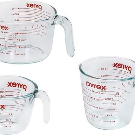 Pyrex Essentials (3 unidades) Conjunto de copos medidores de vidro, (1, 2 e 4 xícaras) copos medidores para preparar, assar e cozinhar, forno pré-aquecido, máquina de lavar louça, freezer e microondas