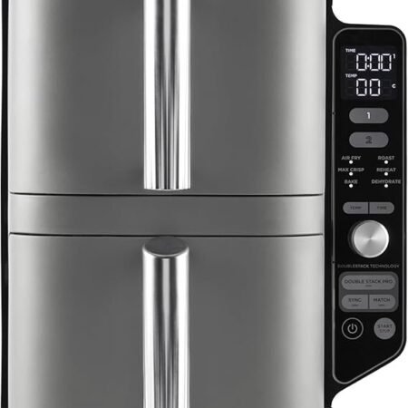 Ninja Double Stack XL Fritadeira de ar, 9,5 l, cesta vertical dupla, 4 níveis de cozedura, 2 cestas e 2 grelhas, design para economizar mais espaço, 6 funções de cozedura, 8 porções, em cinzento.