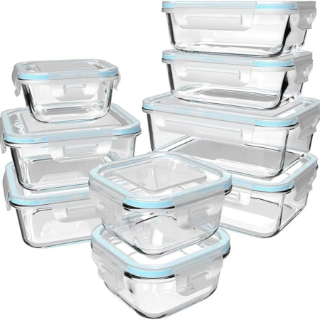 18 recipientes de vidro para armazenamento de alimentos com tampas, recipientes de vidro para preparação de refeições, recipientes de armazenamento de alimentos com tampas, sem BPA e à prova
