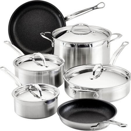 Hestan - Coleção ProBond - Conjunto profissional de panelas antiaderentes TITUM de aço inoxidável, compatível com placa de indução, feito sem PFOAs (10 peças)