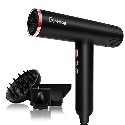 Nicebay Secador de cabelo iônico com difusor, secador profissional com 3 acessórios, motor sem escova de alta velocidade 110.000RPM para secagem rápida, leve, baixo ruído, 1600 W